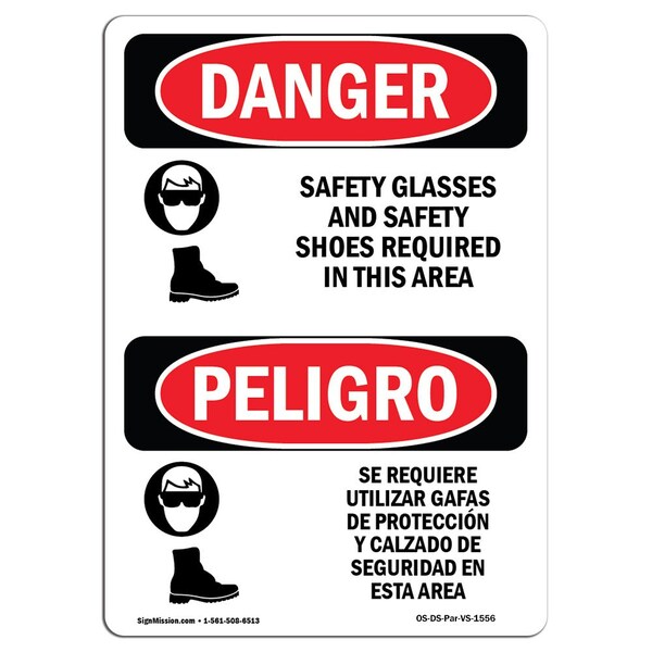 OSHA Sign, Glasses & Shoes Bilingual, 5in X 3.5in Decal, 10PK, 3.5" W, 5" H, Spanish, PK10